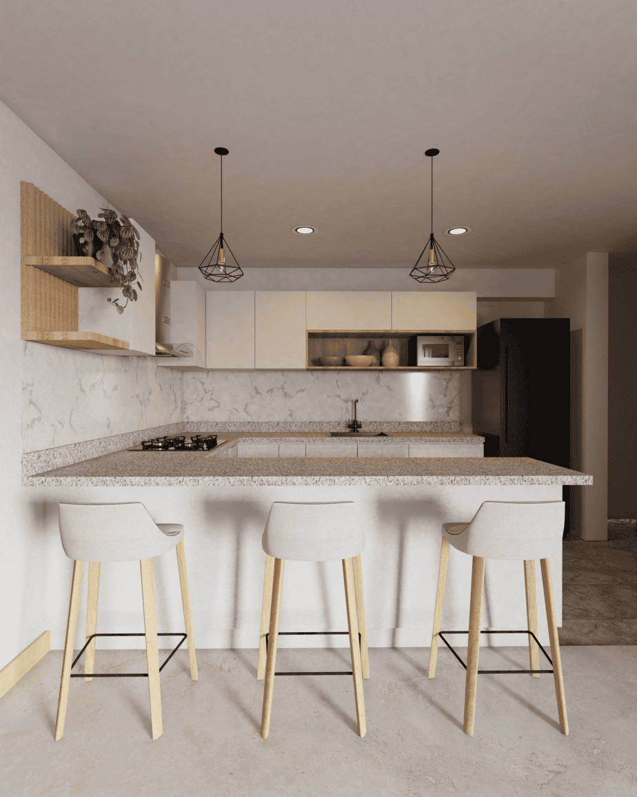 Cocina integral melamina blanca RH - vista lateral | DH Mobiliarios cCocina integral melamina blanca RH - vista lateral | DH Mobiliarios