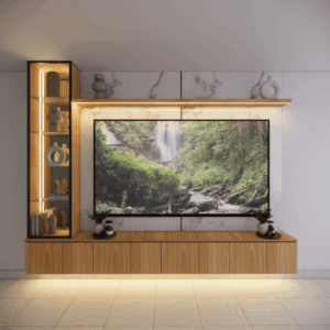Mueble TV TP-2 vista frontal Mueble TV Gama Media TP-2 frontal, melamina panela con LED, 4 puertas abatibles